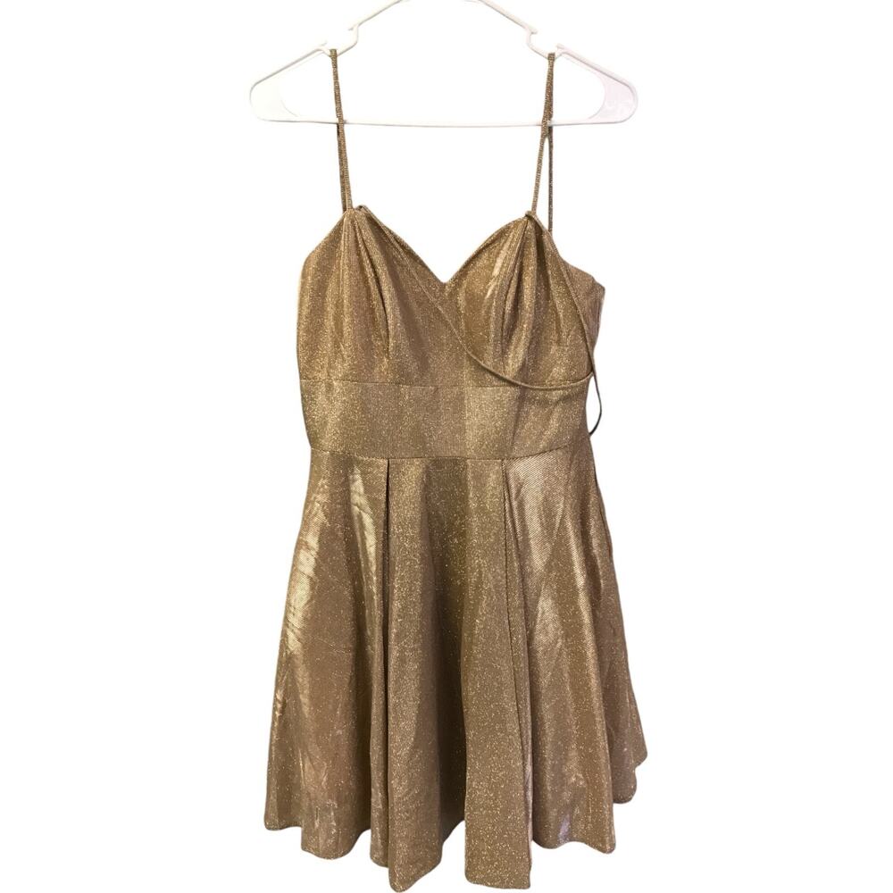 Let's A-Line Dress Womens Small Gold Pleated Strappy Back Sleeveless 6202-L